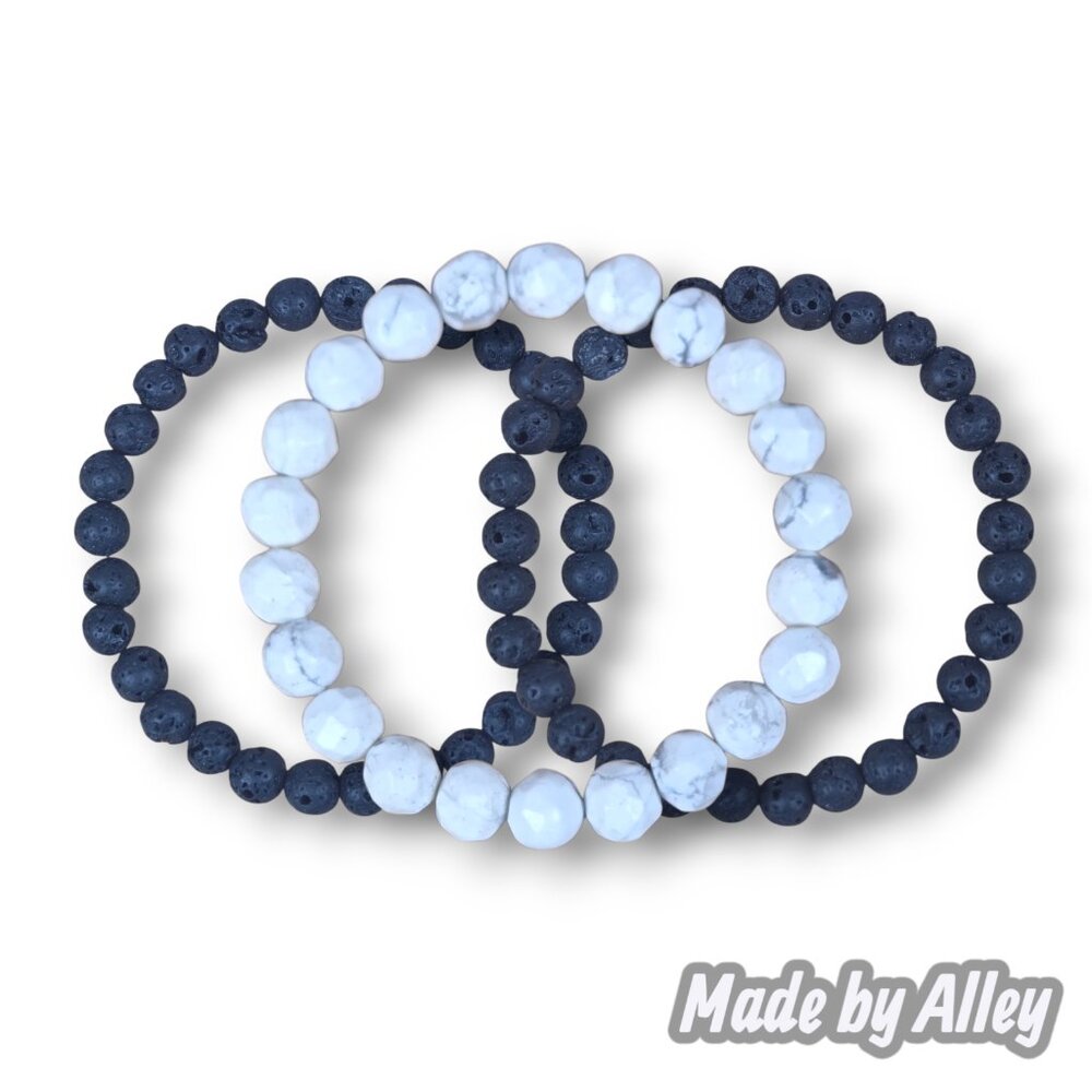 Handmade White Howlite & Black Lava Rock Round Beaded Bracelet 3 Piece Set